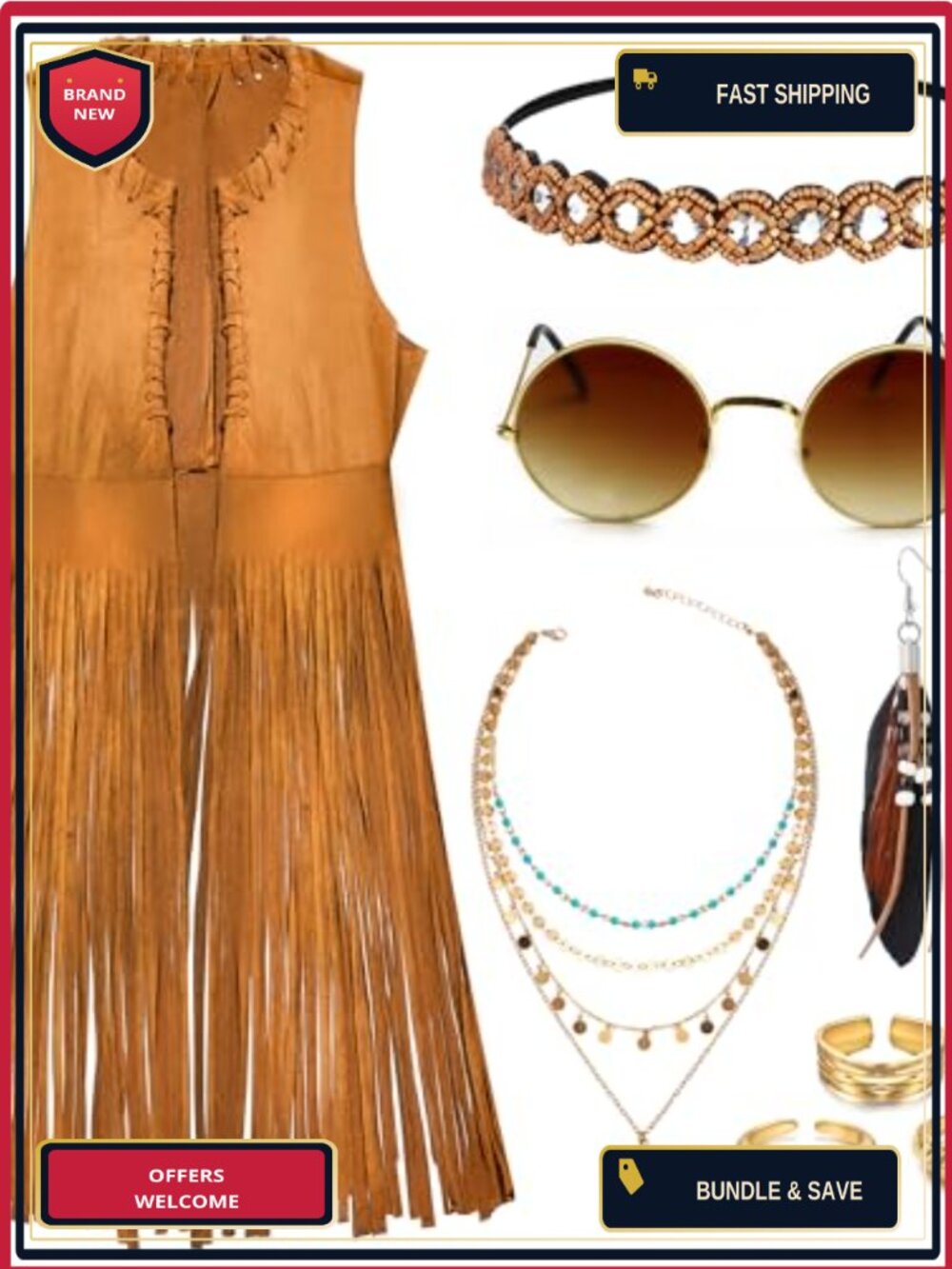 Hippie Fringe Vest Costume Set Faux Suede Boho Disco Halloween Party 6 Piece